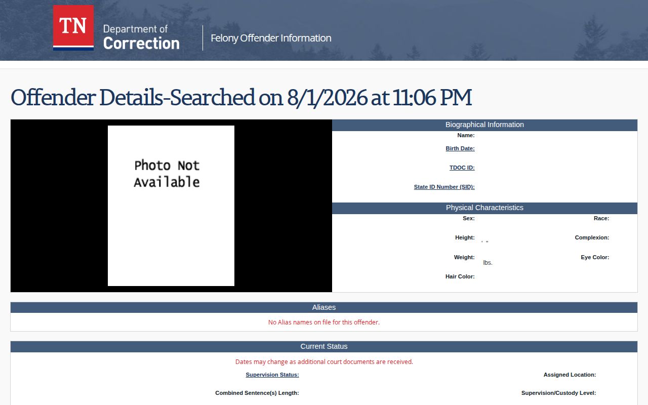TDOC FOIL former-offender detail interface with photo and release information fields