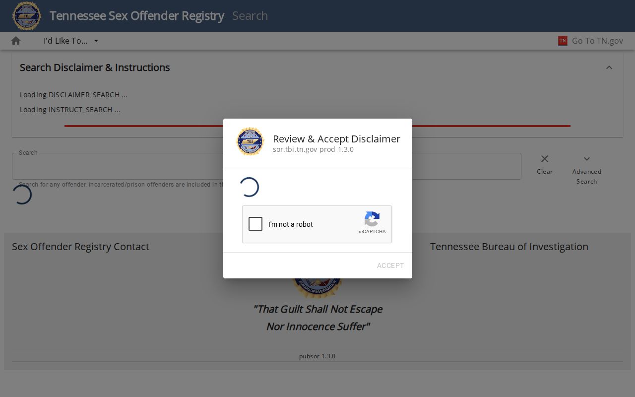 Tennessee Bureau of Investigation registry search criteria and disclaimer