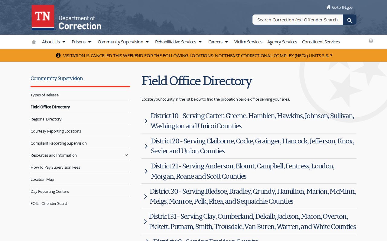 TDOC District 61 Community Supervision release office directory