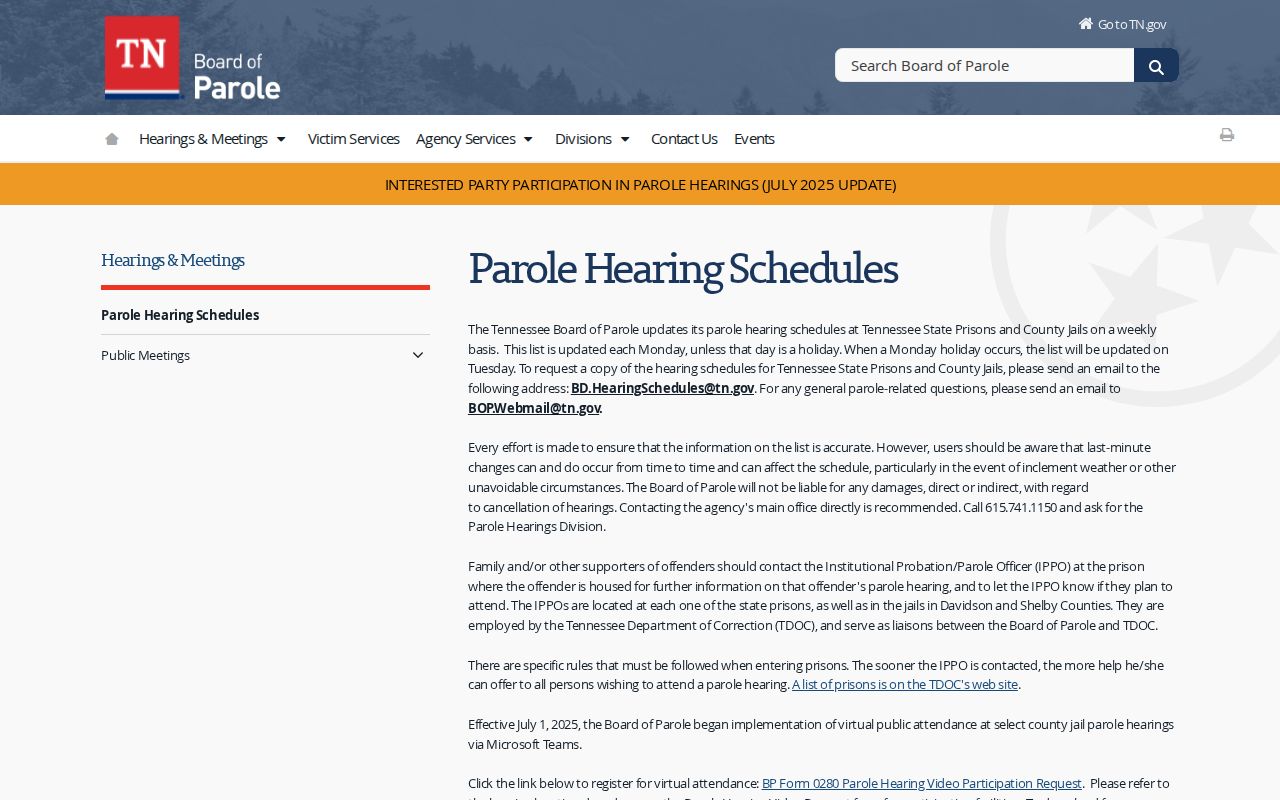 Benton County parole hearing schedule hub for post-release supervision